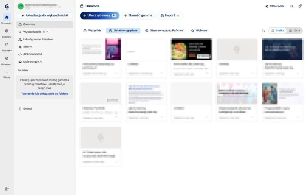 Dashboard tworzenia prezentacji w Gamma