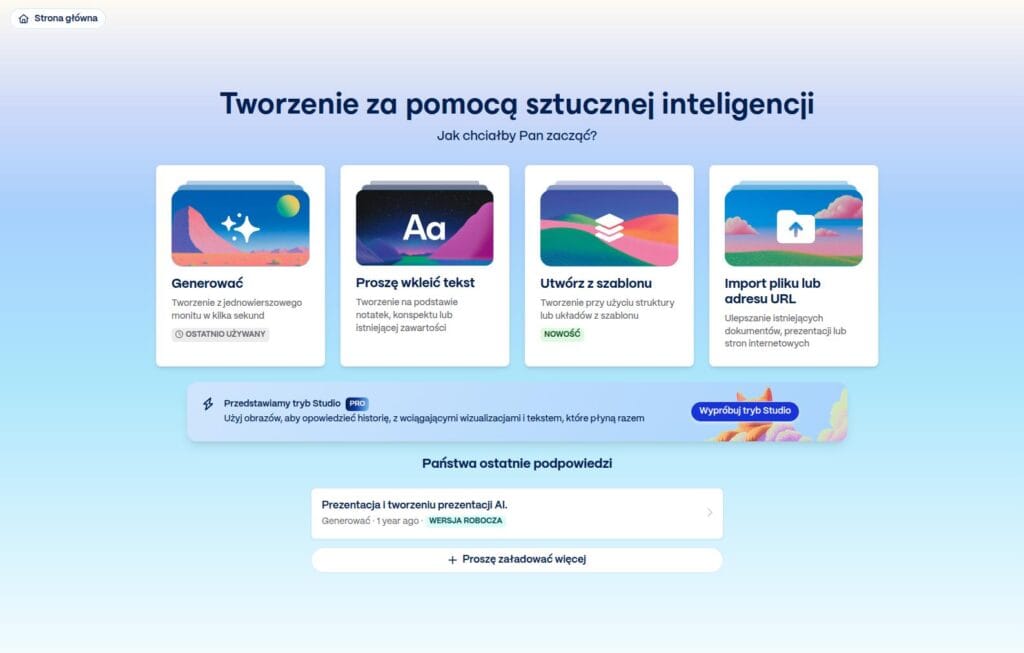 Ekran tworzenia prezentacji i innych treści za pomocą Gamma