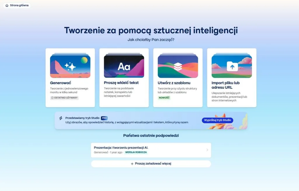 Ekran tworzenia prezentacji i innych treści za pomocą Gamma